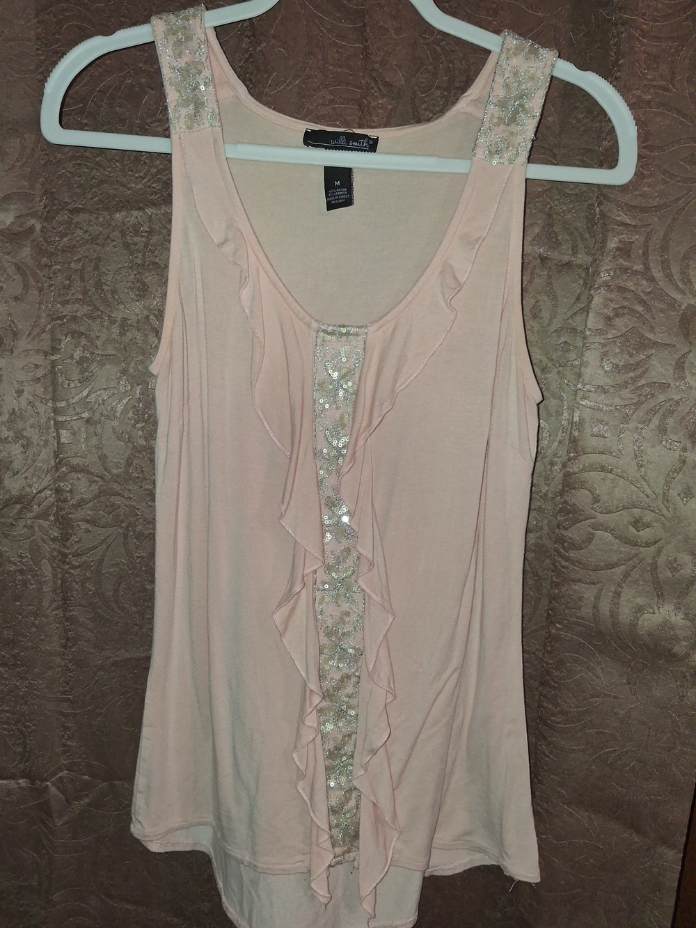 Willi Smith Pale Pink Sequin Ruffle Tank